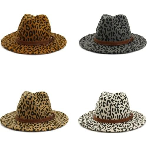 Women Men Lady Leopard Panama Cap Jazz Formal Hat Felt Wool Chapeau Wide Brim Fedora Hats Trilby Autumn Winter Hat fashion
