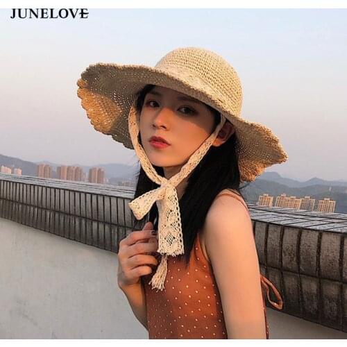 JuneLove Womens Straw Hats Panama Caps Beach Hat Summer UV Protection Bowknot Caps Panama Floppy Beach Hats Ladies Bow Hats