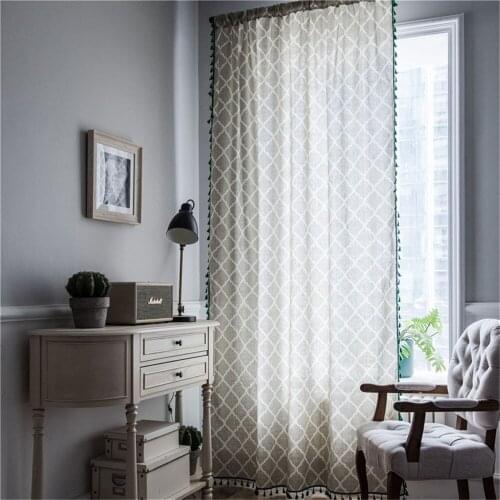 1.5M Width Geometric Printing Tassel Living Room Kitchen Curtains Cotton Linen Semi-shading Bay Window Curtains Home Decoration