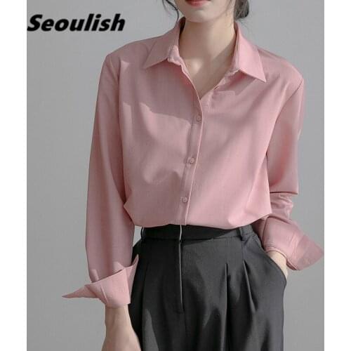 Seoulish Elegant OL Style Formal Pink Womens Blouse Turn-down Long Sleeve Shirts Female Workwear Tops 2021 New Spring Autumn