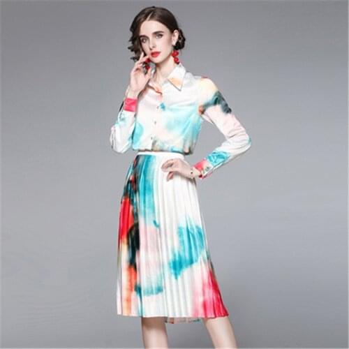 2021 Autumn Fashion Runway Office Skirt Set Womens Long Sleeve Gradient Color Blouses Shirt+Pleated Skirts 2 Two Piece Suit