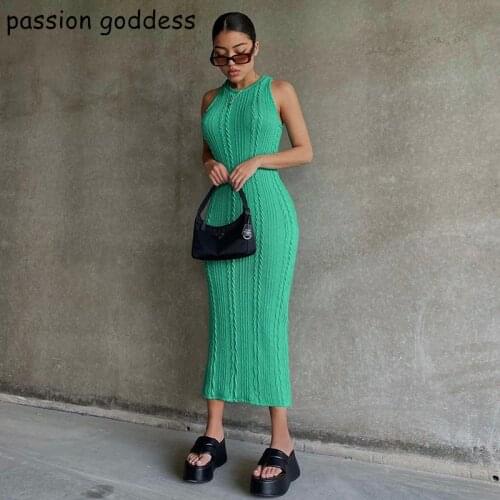 2021 Summer Women Casual Bodycon Tank Dress O Neck Sleeveless Solid Knit Mid Calf Dress White Green Sexy Pencil Dress Robe Femme