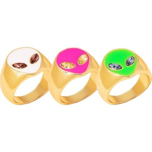 2021 Ins Trendy Gold Pink Enamel Alien Acrylic Stone Minimalist Knuckle Finger Rings Korean Fashion Women Party Jewelry