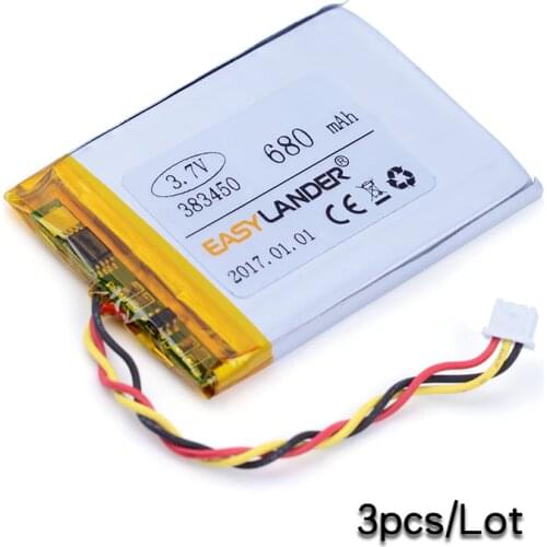 3pcs/Lot 383450 3.7V 680mAh Polymer Li-ion Battery For lithium battery small stereo bluetooth GPS MP3 MP4 3 wire and connector