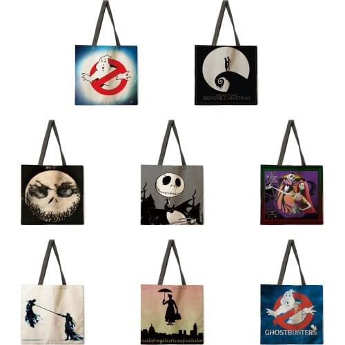 Halloween linen casual tote bag foldable shopping bag lady shoulder bag lady handbag purse fashion beach bag