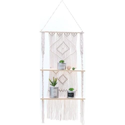 Wooden Three layers Macrame Wall Hanging Shelf Partition Frame Decoracion Hogar Basket Plant Holder Flower Basket Boho Decor