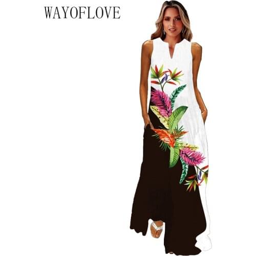 WAYOFLOVE Leaf Print Black White Dress 2021 Casual Elegant Long Dresses Summer Woman Sleeveless Girl Beach Dress Women Plus Size