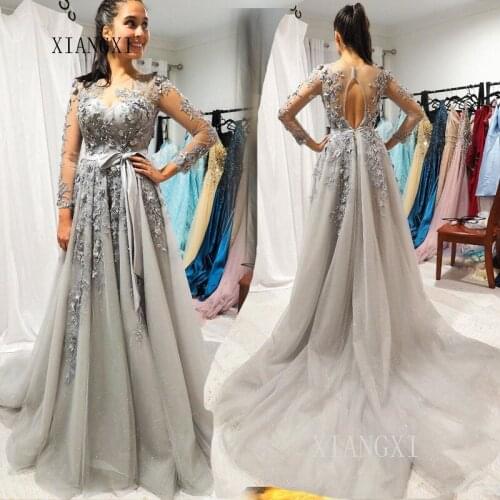Vestidos Silver Long Evening Dress Jewel Neck Full Sleeves Floor Length Formal Gowns 3D Flower Evening Dresses vestidos