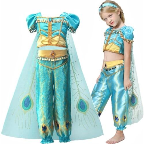 Girls Jasmine Princess Dress Costume Party Fancy Clothing Set Top Pants Cloak Headband Child Aladdin the Magic Lamp Kids Dress