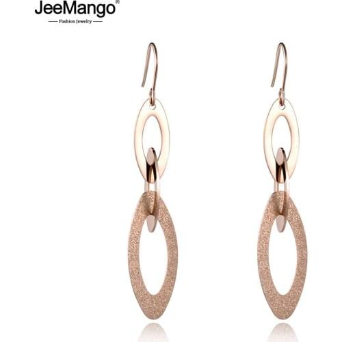 JeeMango Trendy Style Stainless Steel Geometric Tassel Earrings Rose Gold Color Chain Drop Earrings For Women Girls JE18095