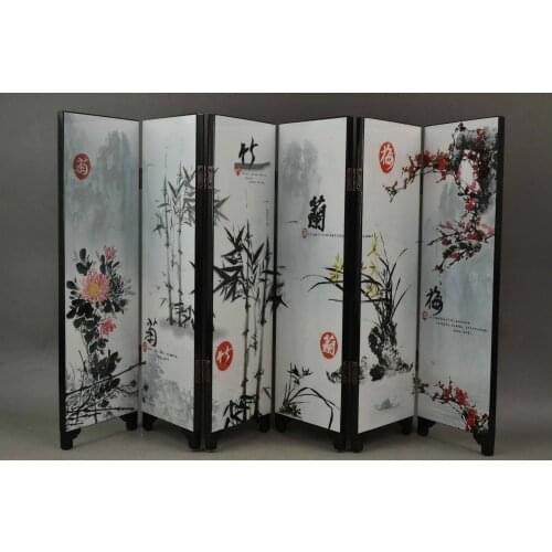 Chinese wooden screen, lacquer painting plum blossom bamboo flower painting, Small screen for desktop decoration