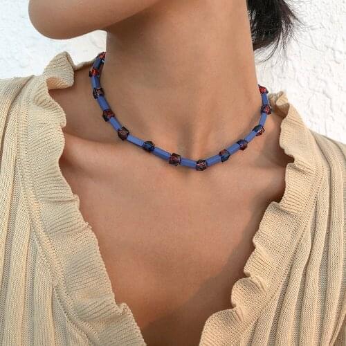 Lalynnly Fashionable Blue Color Handmade Crystal Choker Necklace Collar Aesthetic Womens Rhinestone Necklace Wholesale N9071