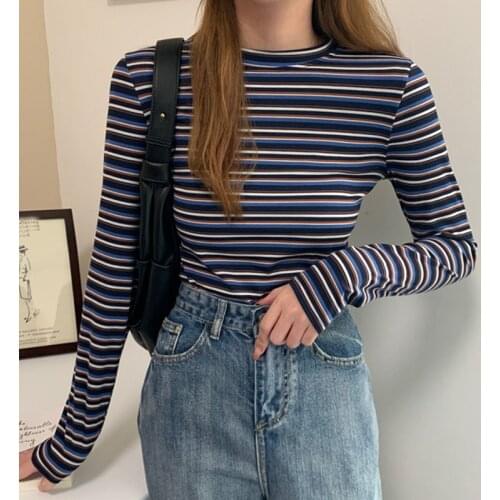 LJSXLS 2021 Casual Stripe Women T-Shirt Long Sleeve Korean Style Slim Tshirt Womens Tops Spring Womens Clothing Tee Shirt Femme