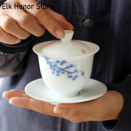 165ML Jade Mud Hand-Painted Pine Ceramic Whiteware Three-Force Cover Bowl Large Kung Fu Tea Bowl Handmade Ceramic Tea Cup Gaiwan
