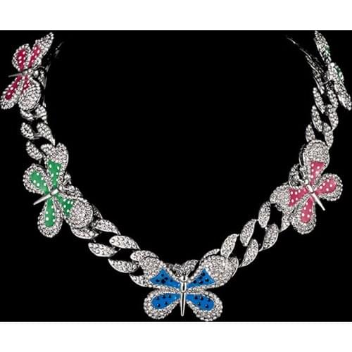 Hip Hop Gothic Butterfly Necklace Bling Rhinestones Iced Out Cuban Link Chain Necklace Chocker Hip Hop Jewelry Accessories