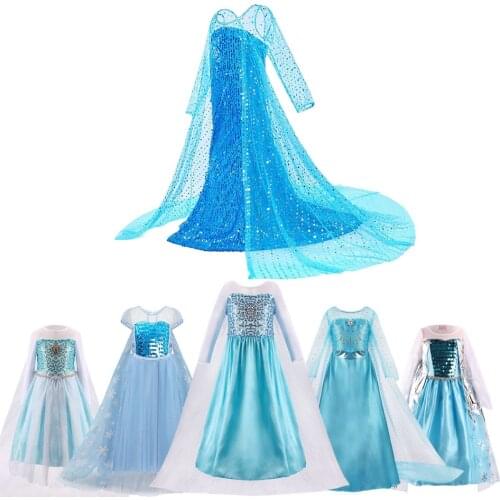 Elsa Girls Princess Dress Children Blue Green Snow Queen Costume With Gloves Wig Kids Halloween Carnival Birthday Party Clothes