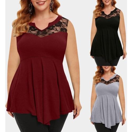 Plus Size Women Solid Floral Lace V-Neck Asymmetric Three Quarter Tops Blouse