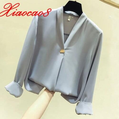 S~3XL Oversized Solid Long Sleeve Chiffon Blouse Women V Neck Elegant Office Lady Shirts Loose Top Spring Women Clothing Blouses