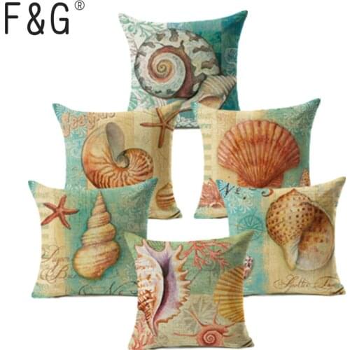 Blue Marine Cotton Linen Pillow Cover Ocean Sea Shell Cushion Cover Decorative Throw Pillow Case Sofa Home Decor