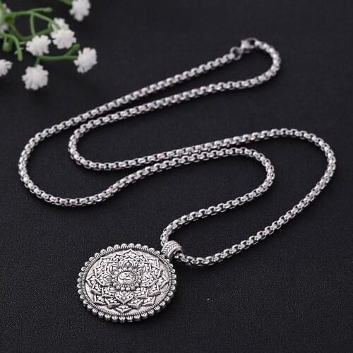 Skyrim Flower of Life Indian Om Yoga Chakra Pendant Necklace Men Vintage Mandala Amulet Stainless Steel Chain Necklaces Jewelry