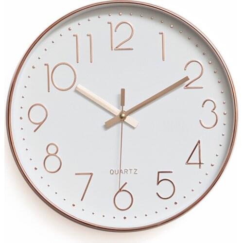 12 inch Modern Wall Clocks Living Room Round Needle Clock Home Decoration Glass Clock Bedroom Hang Clock Rose Gold Silver