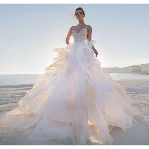 Princess Wedding Dresses A-line With Ruffles Skirt Bruidsjurken Shoulder Straps Sexy Backless Sparkly Pearls Crystal Gowns