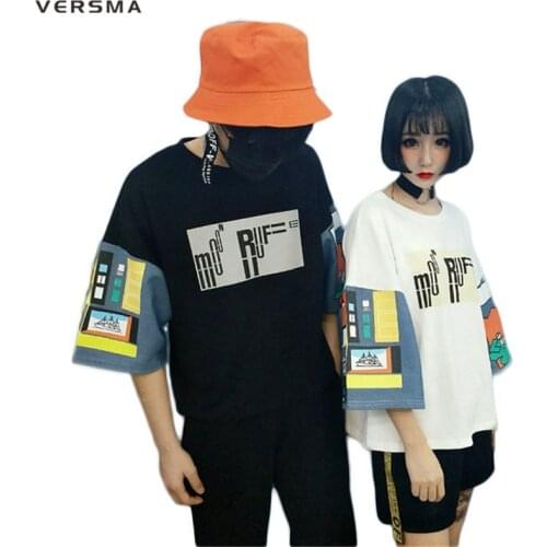 VERSMA 2017 Japanese Harajuku BF Patchwork Pattern Printed T-shirt Men Women Summer Fashion Loose Tops Tees Shirt Couple Clothes
