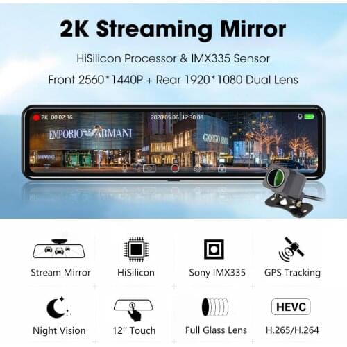 OLPAY Car Dvr stream media Rear View Mirror Full HD 12 Inch 2K+1080P Dash cam Dual Lens Video Recorder Android GPS Car Camera