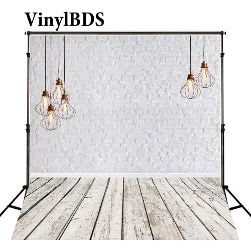 VinylBDS Photo Backdrop White Brick Wall Backdrops Old Wooden Floor Background Vintage Chandelier Portrait Photo for Studio