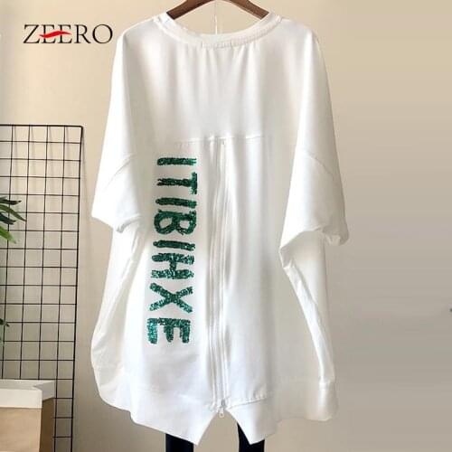 Spring Autumn Korean Woman O-neck Short Sleeve Sequins Letter Pocket Back Zipper Casual Loose Irregular Hem Blouse White Tops