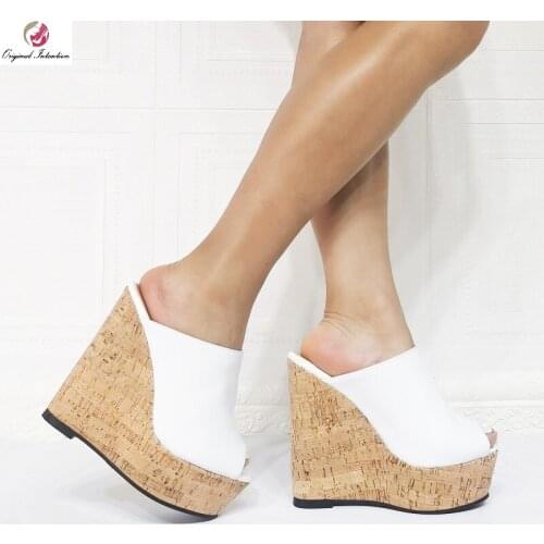2021 Fashion Peep Toe High Platform Slippers Women Elegant White PU Leather Wood Grain Wedge Sandals Summer Party Shoes Ladies