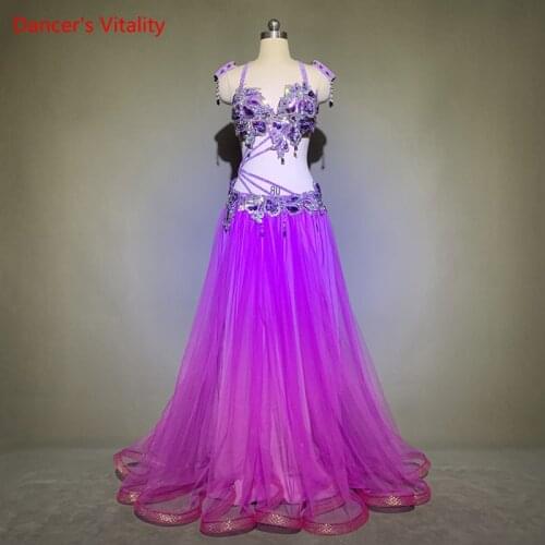 Belly Dance Woman High-end Sexy Bracelet+Bra+Skirt 3 pcs Female Child Elegant Big Swing Skirt Custom Performance Clothing Set