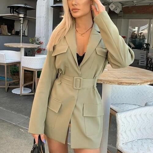 Womens Solid Blazers Dress With Sashes Lapel Collar Long Sleeve Mini Blazer Dresses Female Elegant For Office Lady Autumn 2021