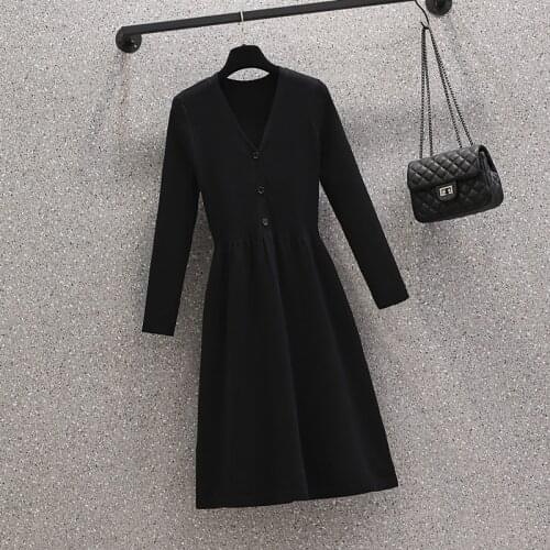 M-4XL plus size women thick kintting sweater dresses 2021 autumn winter long sleeve v neck Office casual black female dress