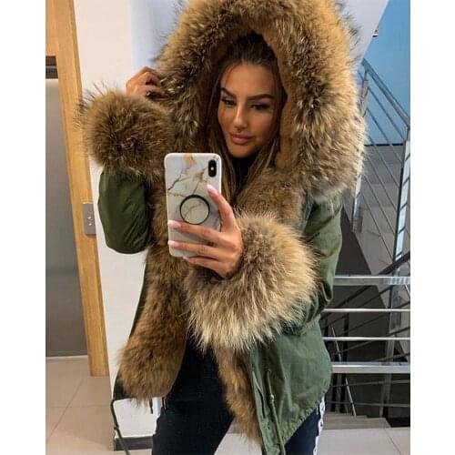 MAOMAOKONG Winter Clothes Women Natural fur coat Real Raccoon Fur Collar Parkas Faux Fur Lining Short Jacket add Placket cuf fur