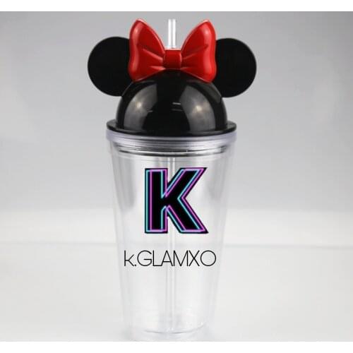 450ML double layer coffee cup with mouse cover acrylic transparent milk cup with lid straw environmental protection BPA-free gif