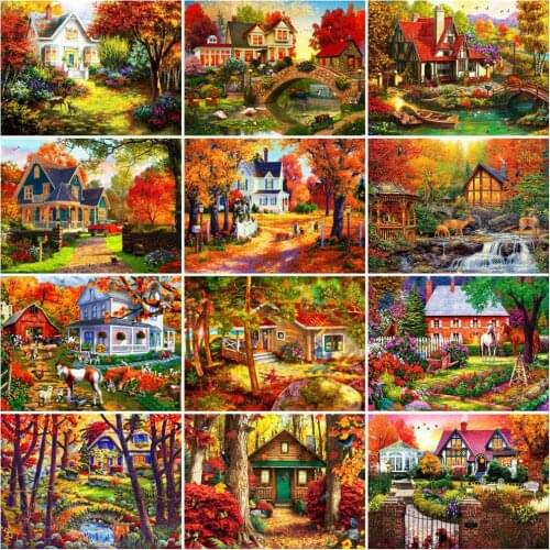 HUACAN Diamond Painting Autumn Landscape Diamond Embroidery Mosaic House Cross Stitch Home Art Wall Stickers