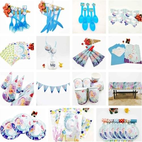 Mermaid Princess Banner Happy Birthday Kids Shower Paper Girl Party Decoration Set Theme Supplies Cup Plate Forks Napkin Favors