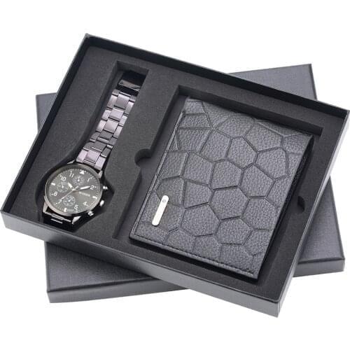 Black Mens Watch Wallet Set Quartz Digital Dial Stainless Steel Strap Fold Buckle Leather Wallet Purse Gift Set for Son Husband