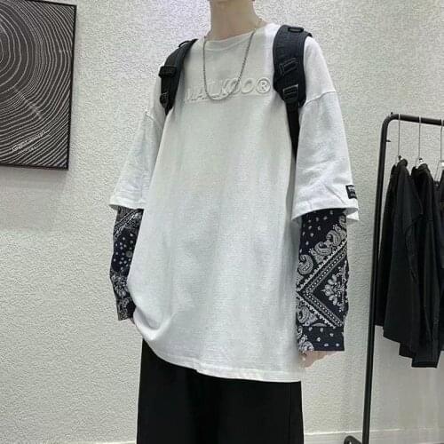 Harajuku printed t-shirt mens long-sleeved fake two-piece t-shirts spring autumn new Korean loose o-neck couples clothes trend