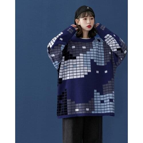 Korean Harajuku WomenS Sweater Student Ulzzang WomenS Clothing 2020 Vintage Casual Loose Plaid Sweat Oversize Femme AA5585