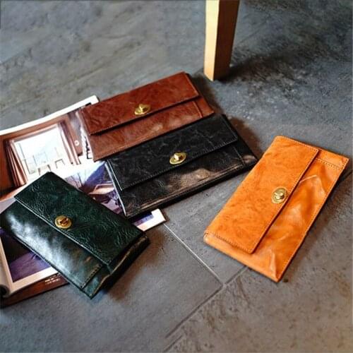 Unisex Wallets Card Holders Mens Hasp Long Money Genuine Cow Leather Bags Retro Handmade Bags Folds Women Small Bags Gift