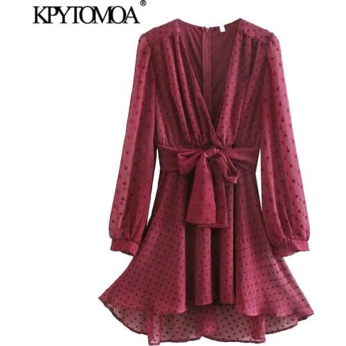 KPYTOMOA Women 2021 Chic Fashion With Belt Dotted Mesh Mini Dress Vintage Long Sleeve Back Zipper Female Dresses Vestidos Mujer