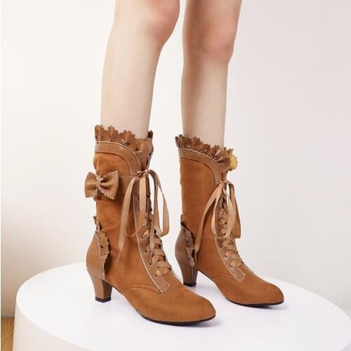 YQBTDL Fashion Spike High Heels Lolita Shoes Lace Up Mid Calf Women Winter Boots Bowtie Ruffles Cosplay High Heel Boots Female