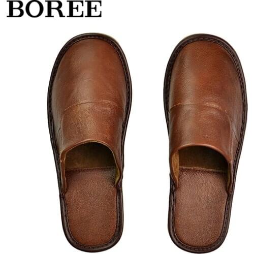 Luxury Split Leather Slippers Men House High Quality Men Casual Shoes Spring Autumn Flats Home Slippers Unisex Mute Floor Shoes