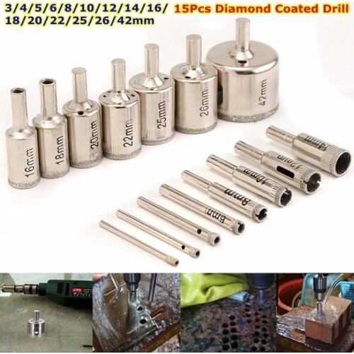 XNEMON 15Pcs 3-42mm Diamond Coated Drill Bit Set Hole Saw Cutter for Glass Wood Mental 3 4 5 6 8 10 12 14 16 18 20 22 25 26 42mm