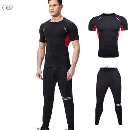 Fitness Tight Sportswear Running Set Short Sleeve T-shirt Leggings 2 Pieces Compression Tracksuit Mens Quick Dry Gym Sport Suit