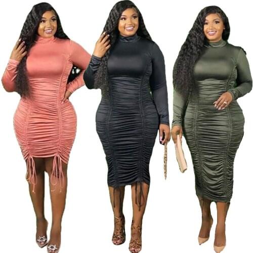 Fall Long Sleeve Dresses Elegant Turtleneck High Waist Draped Satin Dress Stacked Plus Size Dress Wholesale Dropshipping