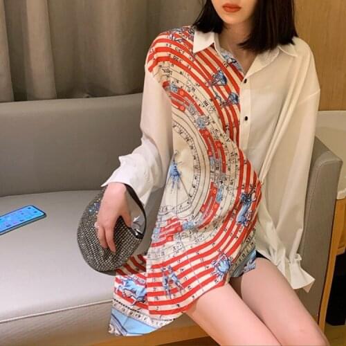 Autumn New Hong Kong Style Printed Silk Scarf Personalized Splicing Irregular Shirt Lapel Casual Versatile Blouse Women
