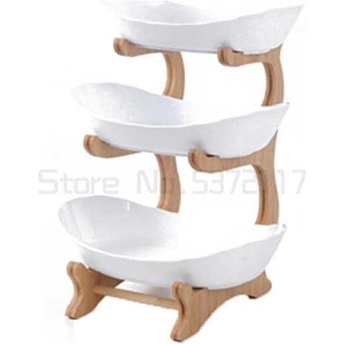 2/3 Tiers Plastic Fruit Plates with Wood Holder Oval Serving Bowls for Party Food Server Display Stand Fruit Candy Shelves